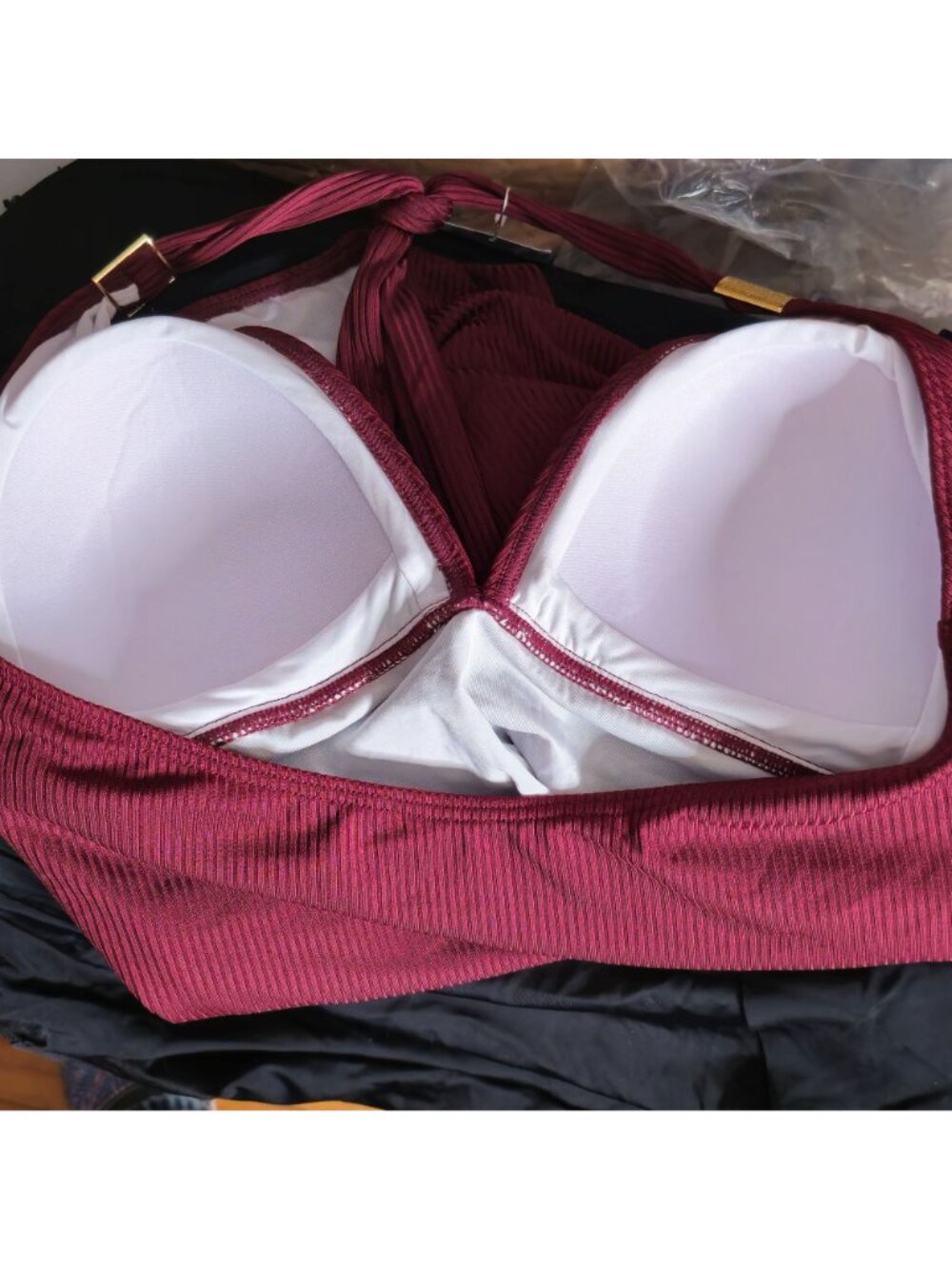 Burgundy One Piece Swimsuit XL Halter Gold Accents Ruched Tummy Control Lined - Picture 7 of 9